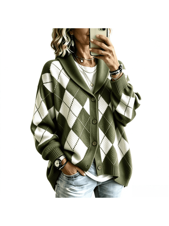 Argyle Sweater Women Shawl Collar Button Down Oversized Sweaters Diamond Plaid Knit Light Weight Cardigan Fall Winter Long Sleeve Casual Tops Vintage Preppy Outfits