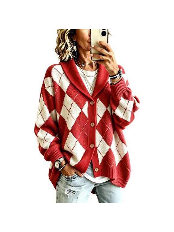 Argyle Sweater Women Shawl Collar Button Down Oversized Sweaters Diamond Plaid Lightweight Knit Cardigan Long Sleeve Casual Fall Winter Tops Vintage Preppy Outfits