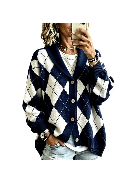 Argyle Sweater Women Shawl Collar Oversized Button Down Sweaters Diamond Plaid Knit Lightweight Cardigan Fall Winter Casual Long Sleeve Tops Vintage Preppy Outfits