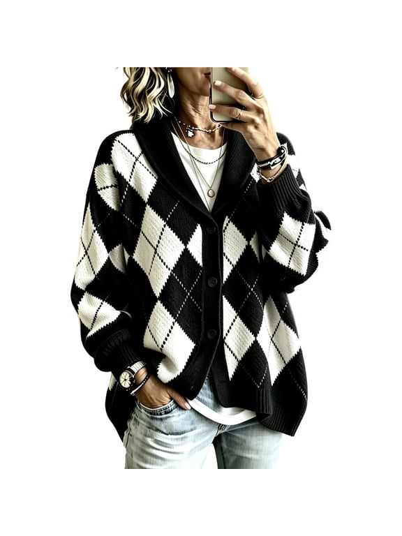 Argyle Sweater Women Shawl Collar Oversized Button Down Sweaters Diamond Plaid Lightweight Knit Cardigan Casual Long Sleeve Fall Winter Tops Vintage Preppy Outfits