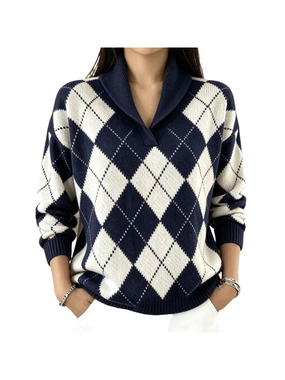 Argyle Sweater Women V Neck Pull Over Knit Oversized Sweater Lightweight Shawl Collar Diamond Plaid Jumper Trendy Long Sleeve Casual Tops Vintage Preppy Outfits Fall 2026 Womens Fashion