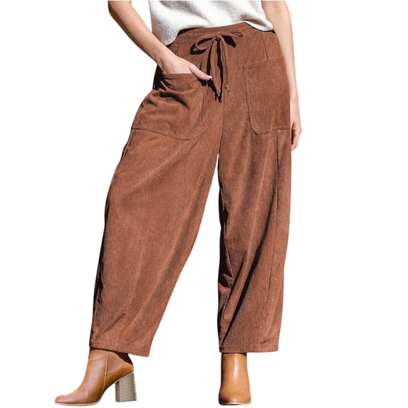 TOMVIGX Barrel Pants Women Flowy Travel Wide Leg Corduroy Pants Cropped Lounge Baggy Drawstring Trousers with Pockets Brown 2XL
