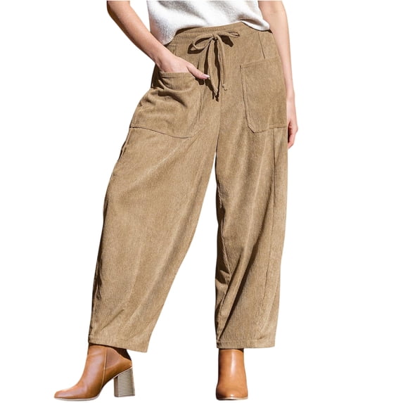 TOMVIGX Barrel Sweatpants Women Wide Leg Corduroy Travel Flowy Pants Cropped Elastic Waist Casual Baggy Trousers with Pockets Khaki L