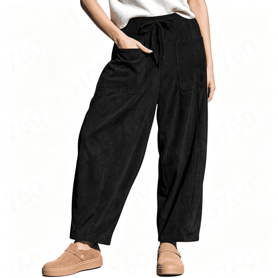 TOMVIGX Barrel Sweatpants Women Wide Leg Corduroy Travel Flowy Pants Loose Casual Cropped Elastic Waist Trousers with Pockets Black S