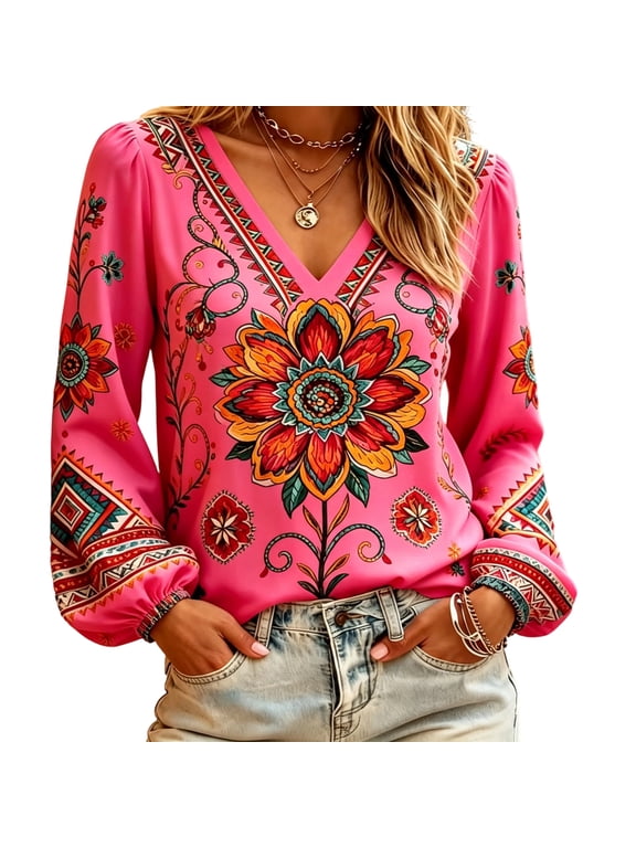 Boho Outfits for Women Bohemian Floral Print V Neck Blouses Ethnic Geometric Vintage Lantern Long Sleeve Shirts Loose Fit Dressy Casual Fall Tunics