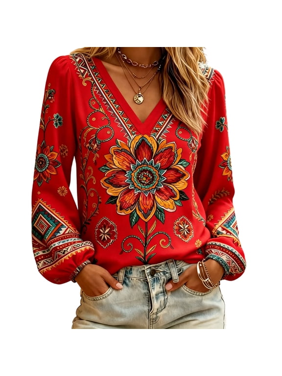 Boho Outfits for Women Bohemian V Neck Floral Print Blouses Ethnic Geometric Vintage Lantern Long Sleeve Shirts Loose Fit Dressy Casual Fall Tunics