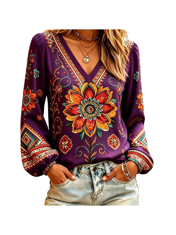 Boho Outfits for Women Floral Print V Neck Bohemian Blouses Ethnic Geometric Vintage Lantern Long Sleeve Shirts Dressy Casual Lightweight Fall Tunics