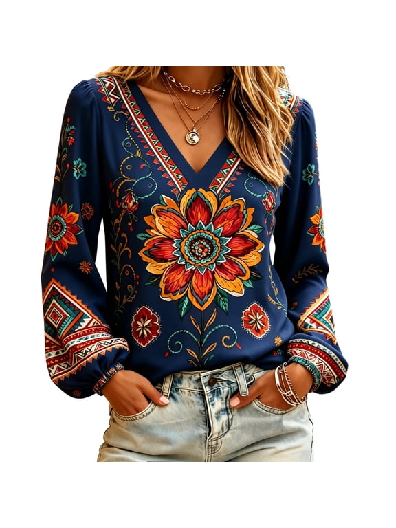 Boho Tops for Women Floral Print Bohemian V Neck Blouses Ethnic Geometric Lantern Long Sleeve Vintage Shirts Dressy Casual Lightweight Fall Tunics