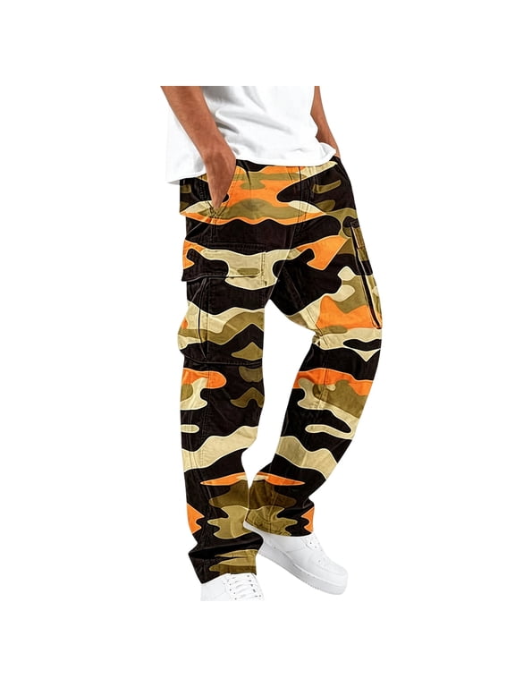 Camo Cargo Pants for Men Drawstring Hiking Sweatpants Straight Leg Elastic Waist Athletic Hiking Work Pants Casual Sweatpants