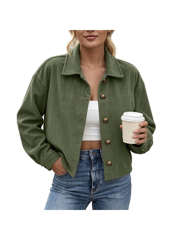Corduroy Jacket Women Long Sleeve Button Down Cropped Jacket Lapel Collar Oversized Shacket Casual Trendy Fall Winter Coat with Side Pockets
