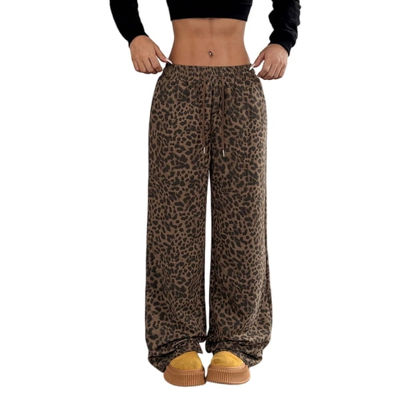 TOMVIGX Leopard Pants Women Drawstring Elastic Waist High Waisted Trousers Lightweight Casual Floor Length Baggy Pants Trendy Streetwear Wide Leg Pants 3XL