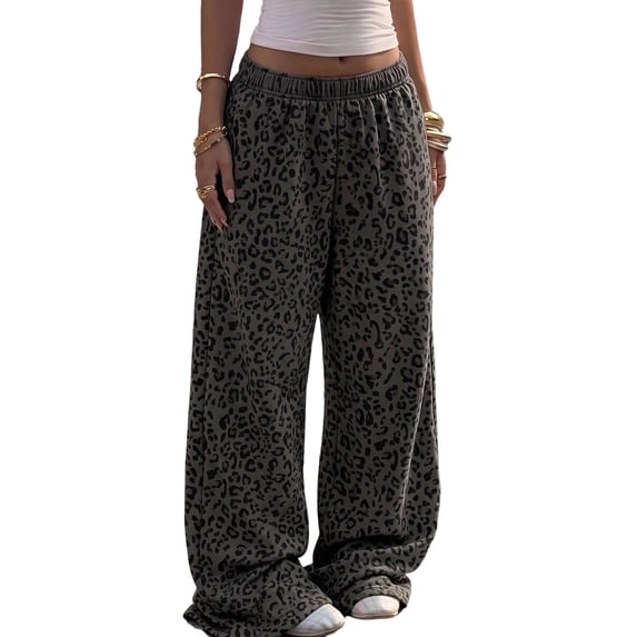 TOMVIGX Leopard Pants Women Trendy Floor Length Wide Leg Sweatpants Drawstring Elastic Waist Relaxed Baggy Pants Casual Loose Streetwear Trousers L
