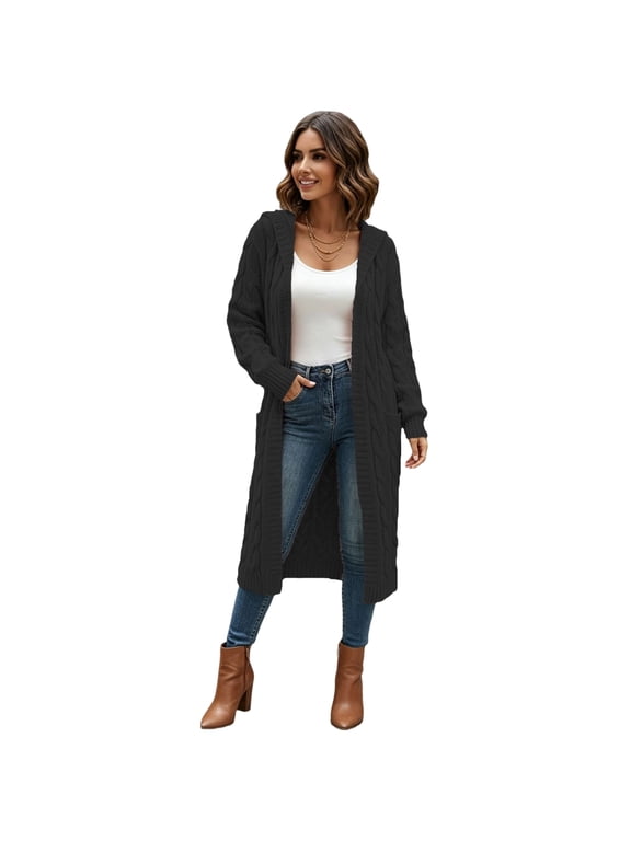 Long Cardigan Sweaters for Women Chunky Plus Size Hooded Duster Cardigan Light Long Sleeve Cable Knit Sweater Warm Open Front Fall Winter Coats with Pockets Black 2XL