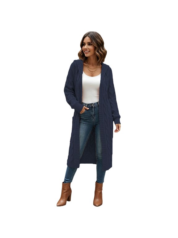 Long Cardigan Sweaters for Women Hooded Chunky Plus Size Duster Cardigan Long Sleeve Light Weight Cable Knit Sweater Warm Open Front Winter Coats with Side Pockets Navy S