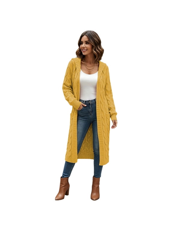 Long Cardigan Sweaters for Women Plus Size Duster Hooded Chunky Cardigan Light Long Sleeve Cable Knit Sweater Warm Open Front Fall Jacket with Pockets Yellow S