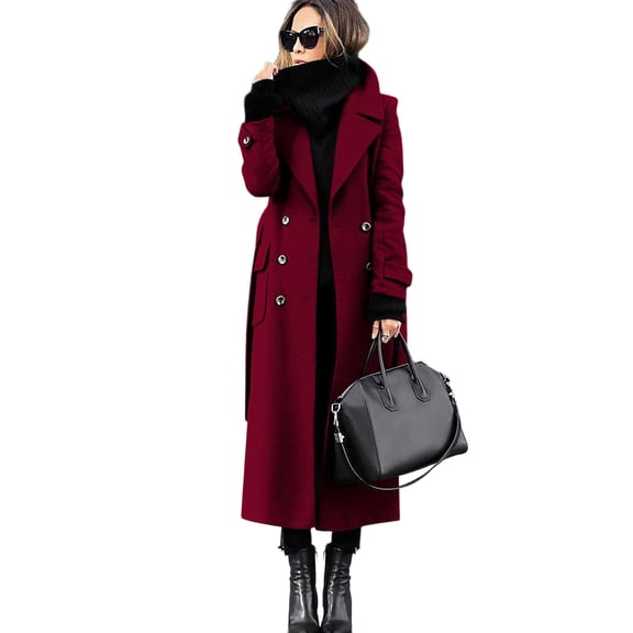 TOMVIGX Long Trench Coat for Women Thick Lined Wool Winter Fall Coats Notched Lapel Double Breasted Maxi Length Jackets Vintage Elegant Outwear with Side Pockets