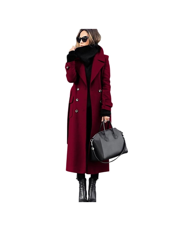 Long Trench Coat for Women Thick Lined Wool Winter Fall Coats Notched Lapel Double Breasted Maxi Length Jackets Vintage Elegant Outwear with Side Pockets