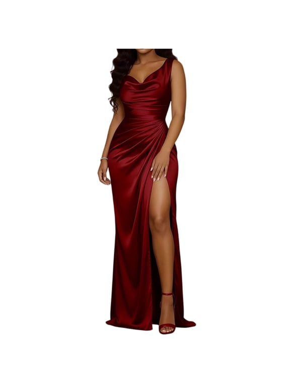 Maxi Dresses for Women V Neck Sleeveless High Slit Dresses Satin Ruched Bodycon Dress Backless Floor-length Evening Gowns for Women Formal Party Cocktail Wedding Guest Outfits
