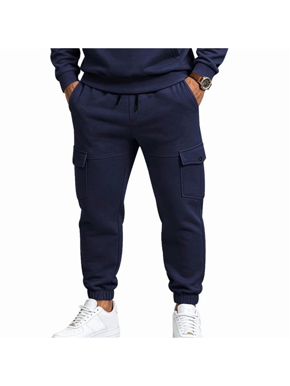 Men Cargo Sweatpants Thick Fleece Lined Jogger Trousers Loose Baggy Casual Long Pants Elastic Drawstring Cuffed Pants for Workout Street Daily Wear