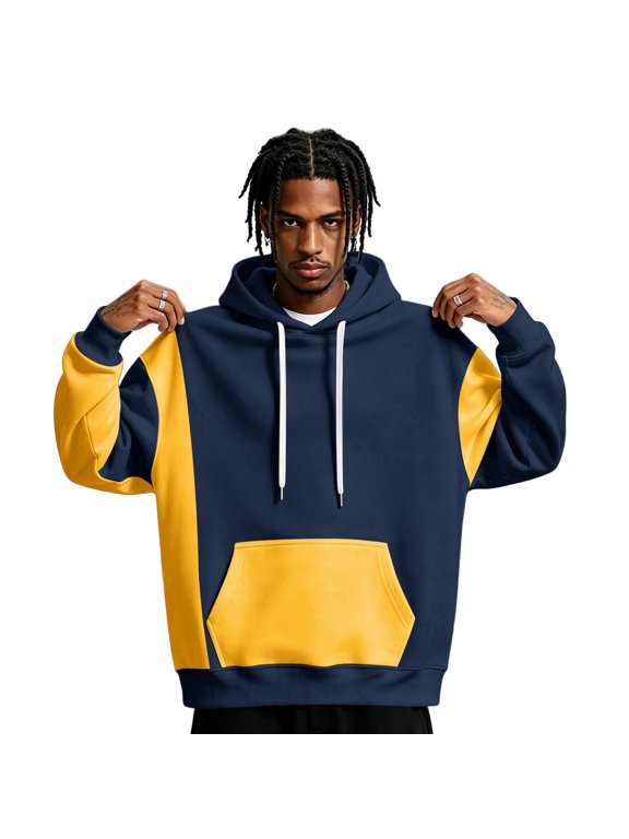 Mens Casual Patchwork Color Block Pullover Hoodie Long Sleeve Drawstring Hooded Sweatshirt with Kangaroo Pocket Daily Street Style Tops 3XL