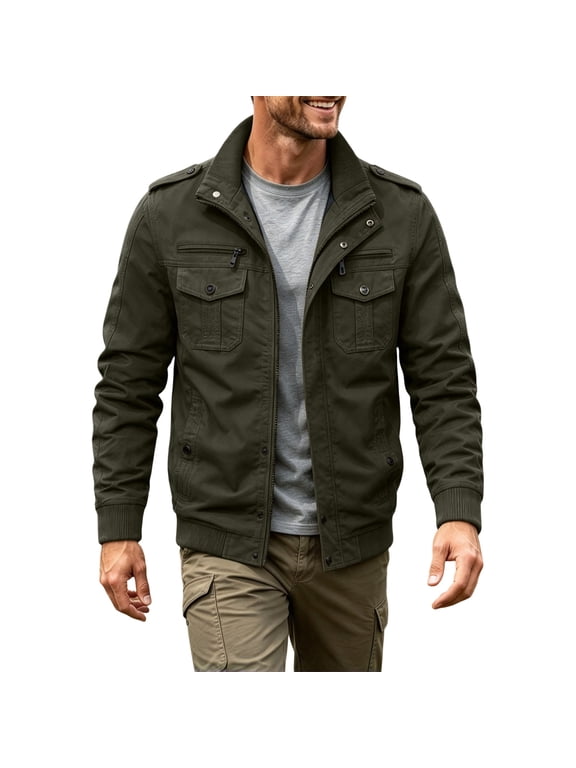 Men's Spring Fall Military Jacket Outdoor Casual Windbreaker Long Sleeve Bomber Coat Stand Collar Cargo Field Jacket Army Green Khaki Black Outerwear Hiking Work Outfits with Multi Pocket