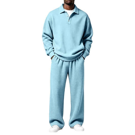 TOMVIGX Men's Tracksuits 2 Piece Set Waffle Knit Long Sleeve Polo Shirts & Drawstring Wide Leg Sweatpants Casual Athletic Sweatsuit Outfits