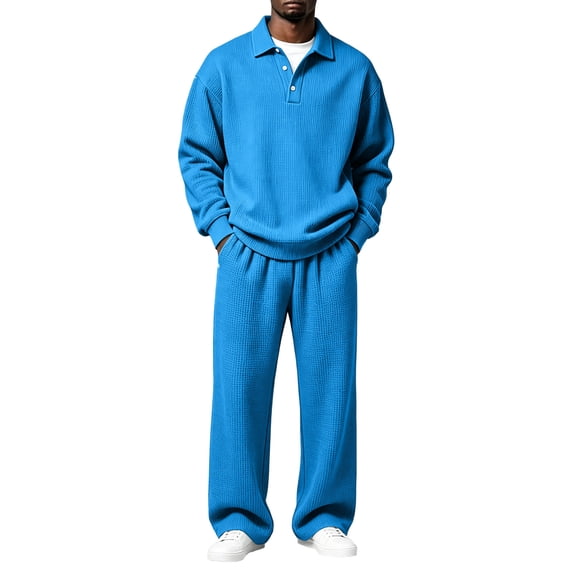 TOMVIGX Men's Tracksuits 2 Piece Set Waffle Knit Long Sleeve Polo Shirts & Drawstring Wide Leg Sweatpants Casual Athletic Sweatsuit Outfits