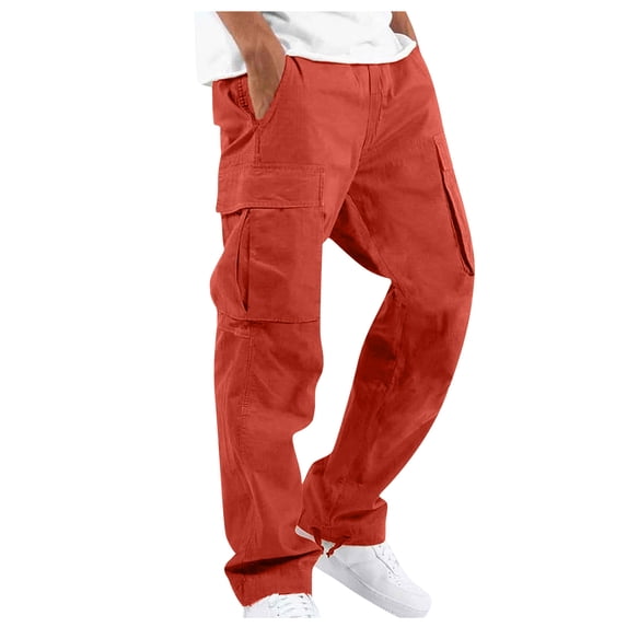 TOMVIGX Mens Baggy Cargo Pants Athletic Drawstring Orange Pants Elastic Waist Straight Leg Joggers Casual Hiking Work Pants