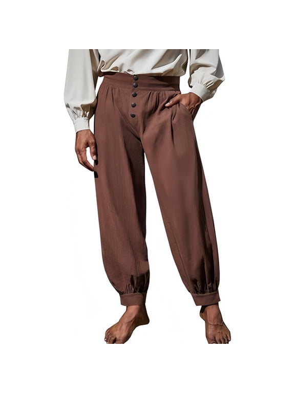 Mens Baggy Harem Pants Vintage Gothic Medieval Long Trousers Renaissance Retro Loose Casual Pants High Waist Button Front Trousers for Halloween Costume