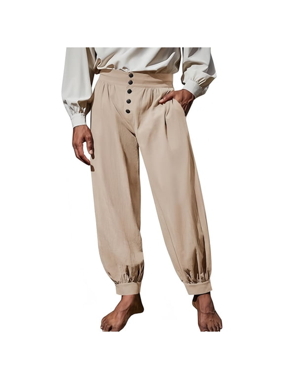 Mens Baggy Harem Pants Vintage Gothic Medieval Long Trousers Renaissance Retro Loose Casual Pants High Waist Button Front Trousers for Halloween Costume