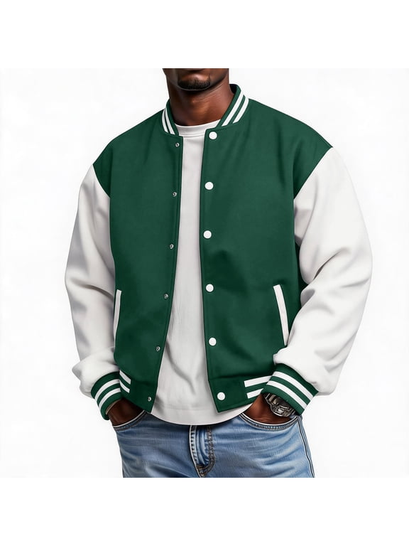 Mens Fleece Varsity Jacket Classic Striped Rib Collar Button Up Jackets Color Block Baseball Coat Casual Outerwear Dark Green 2XL