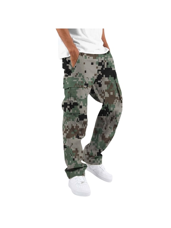 Mens Hiking Camo Cargo Pants Athletic Drawstring Light Green Pants Straight Leg Elastic Waist Sweatpants Casual Hiking Work Pants