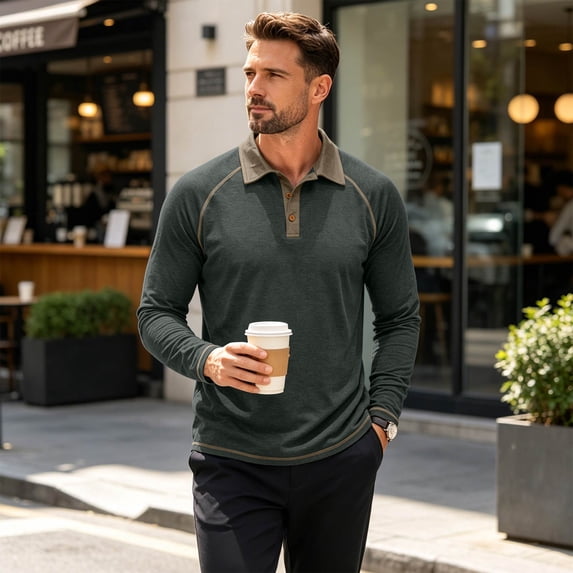 TOMVIGX Henley Shirts for Men Casual Button Down Long Sleeve Polo Shirt Fashion Outdoor Breathable Golf Shirts Lightweight Hiking Travel Moisture Wicking Crew Neck Tee Green 2XL