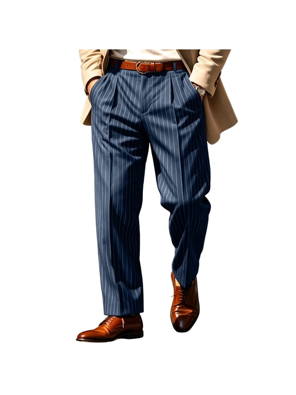 Mens Striped Dress Pants Loose Fit Elastic Waist Button Closure Wide Leg Business Slacks with Pockets Daily Casual Trousers