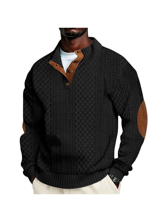 Mens Sweater Casual 1/4 Zip Pullover Retro Button Up Fall Sweaters Cable Knit Comfortable Oversized Mock Neck Sweat Shirt Elbow Patch Long Sleeve Fall Winter Tops