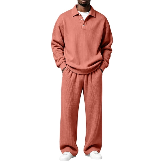 TOMVIGX Mens Sweatsuits 2 Piece Set Button Placket Waffle Knit Polo Tops and Loose Wide Leg Pants Streetwear Jogging 2 Piece Outfits