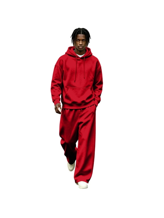 Mens Track Suits 2 Piece Set Fleece Pullover Hoodie & Wide Leg Sweatpants Casual Loose Trendy Streetwear Sweatsuit Outfits