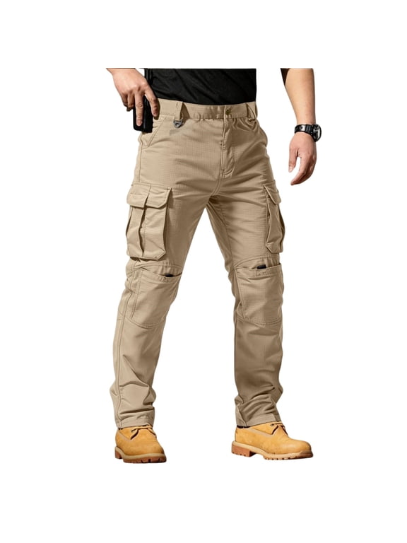 Mens Work Pants Water Resistant Ripstop Relaxed Fit Hiking Pants Stretch Elastic Waist Lightweight Cargo Jeans Baggy Hunting Khaki Pants with Pockets M