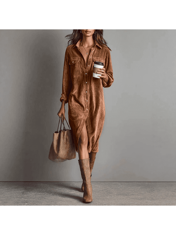 Midi Dresses for Women Corduroy Long Sleeve Button Down Shirt Dress Loose Fit Lapel Front Slit Tunic Dress Vintage Womens Fall Outfits with Pockets