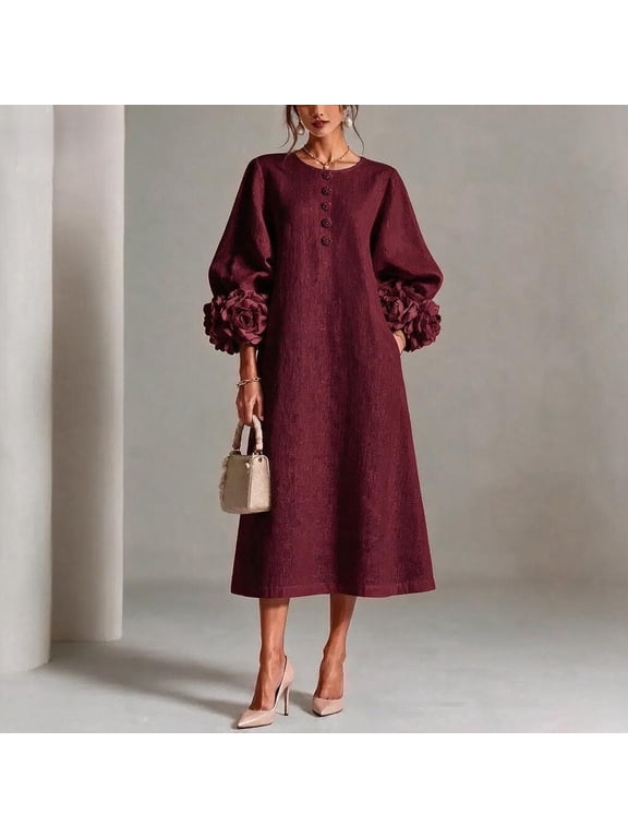 Midi Dresses for Women Lantern Sleeve Cotton Linen Tunic Dress Loose Fit Button Front 3D Floral Applique A Line Dress Elegant Party Fall Outfits