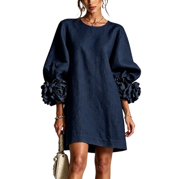 TOMVIGX Mini Dresses for Women Lantern Sleeve Cotton Linen Blend Dress 3D Rose Applique Short Tunic Dress Relaxed Fit Elegant Wedding Guest Outfit