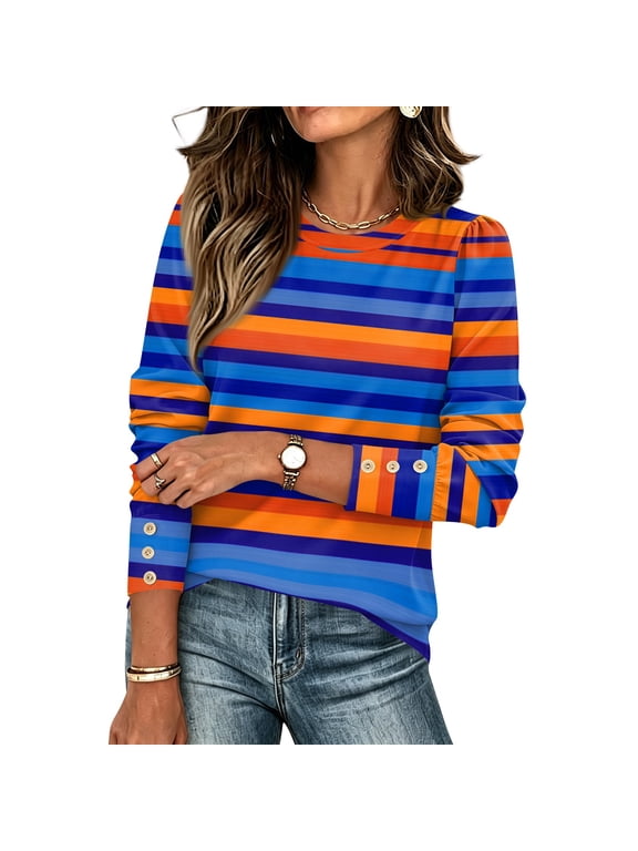 Striped Long Sleeve Shirts for Women Crew Neck Loose Fit Tops Puff Shoulder Button Cuffs Striped Shirt Women Casual Lightweight Fall Blouse Tee Shirts