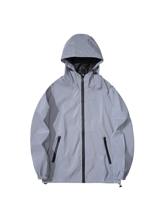 Unisex Full Reflective Hooded Jacket Waterproof Zip Pockets Double Layer Night Windbreaker Outdoor Cycling Casual Coat for Men Women Students