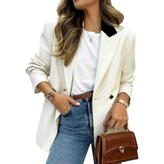 TOMVIGX Women Blazer Lapel Long Sleeve Casual Blazer Stretchy Office Work Suit Jacket Lightweight Fall Business Casual Outfits for Women with Pocket White L