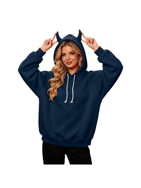 Women Oversized Hoodies Long Sleeve Pullover Sweatshirts Cute Devil Horn Hooded Sweatshirts Casual Halloween Costume Outfits