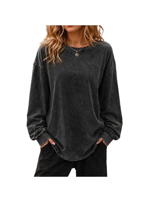 Women's Acid Wash Long Sleeve T Shirt Crew Neck Drop Shoulder Curved Hem Loose Fit Casual Cotton Vintage Pullover Tops for Fall Daily Wear