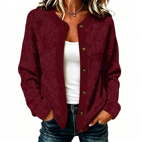 TOMVIGX Women's Fall Floral Embossed Knit Cardigan - Loose Fit Long Sleeve Button Down Sweater Coat Soft Round Neck Casual Outerwear for Autumn Winter Layering