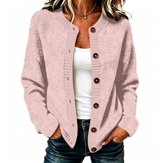 TOMVIGX Women's Fall Floral Embossed Knit Cardigan - Loose Fit Long Sleeve Button Down Sweater Coat Soft Round Neck Casual Outerwear for Autumn Winter Layering