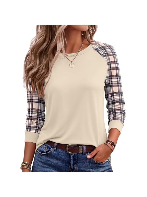 Women's Leopard Plaid Raglan Long Sleeve T Shirt Casual Loose Crew Neck Tops with Color Block Comfortable Fall Fashion Blouse