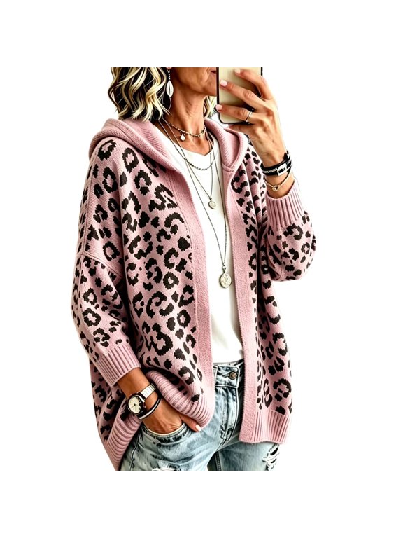 Women's Leopard Print Sweater Long Sleeve Open Front Knit Hooded Cardigan Loose Fit Vintage Cheetah Print Tops Casual Lightweight Fall Jacket
